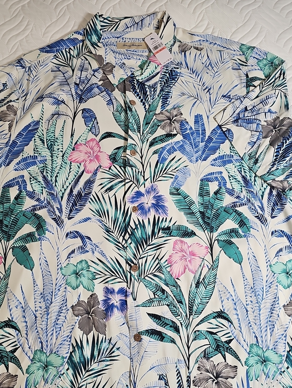 TOMMY BAHAMA NWT 3XL Tropical Floral Print Men’s Shirt - White with Blue & Green